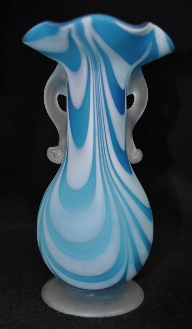 1980s MURANO HD BLOWN ROBINS EGG BLUE & IVORY VASE XJ: 1980s HB Collar base Robins egg blue over ivory cased & etched dual handle baluster vase *** Weight: 1# - Measurements: 3.75X3X7The AEAA is very pleased to present this next piece of collectible hand 