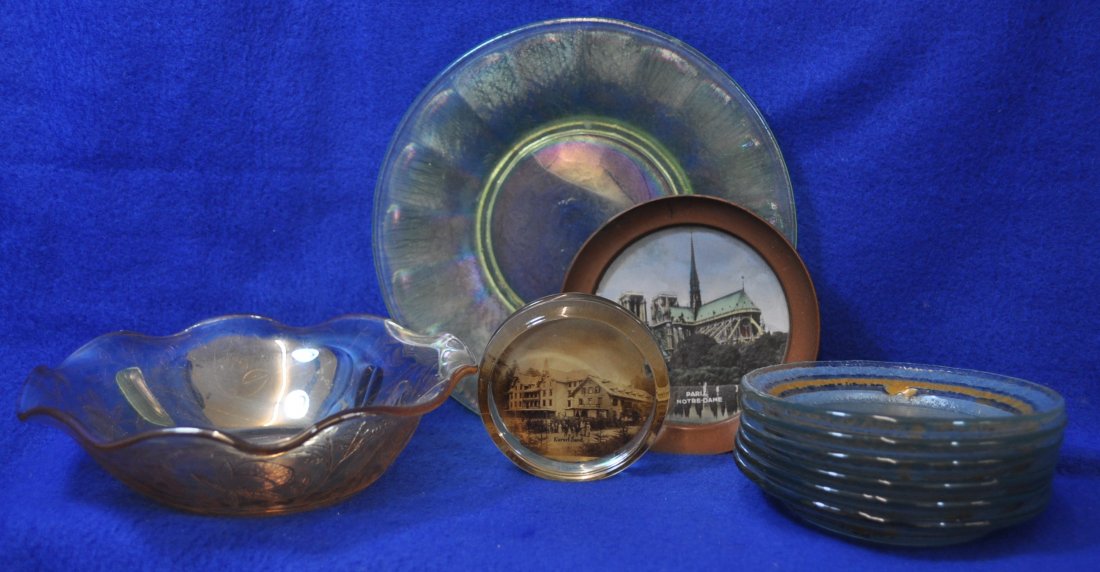 1890-1960 STRETCH GLASS, BUTTER PATS, COASTERS, BOWL XT: The AEAA is very Pleased to present this Potpourri of smalls in glass & metal. The first Item is a lite Marigold Carnival glass 5 inch floral finger bowl, which is likely from the Indian Jain factory.