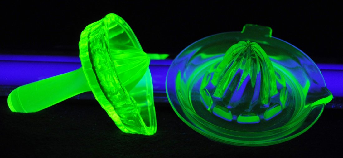 1930/1980 HAZEL ATLAS, SUMMIT GREEN URANIUM REAMERS XV: The AEAA is very pleased to present this next pair of valuable Green Uranium glass items from the respected Loren (Butch) Morse collection. This lot represents a wonderful Depression era ca. 1932-1935