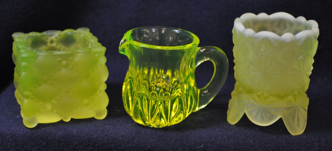 1970s BOYD REVERSE TEARDROP, DAISY BUTTON TOOTHPICKS XV: The AEAA is very pleased to present this next set of valuable Vaseline glass items from the respected Loren (Butch) Morse collection. This lot represents three stunning 1970s Vaseline toothpick holder