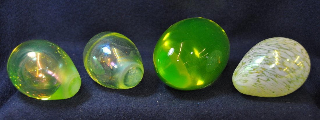 1970s BLOWN VASELINE EGG PAPERWEIGHT 3 HAND COOLERS XV: The AEAA is very pleased to present this next group of valuable Vaseline glass items from the respected Loren (Butch) Morse collection. This lot represents a wonderful set of excellent hand blown eggs