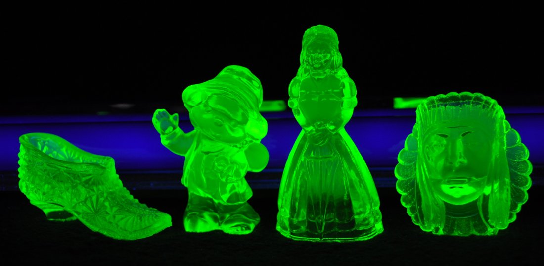 1980s BOYD VASELINE INDIAN CHIEF TOOTHPICK 3 FIGURES XV: The AEAA is very pleased to present this next group of valuable Vaseline glass items from the respected Loren (Butch) Morse collection. This lot represents 4 stunning 1980s Boyd Crystal Art Glass piec