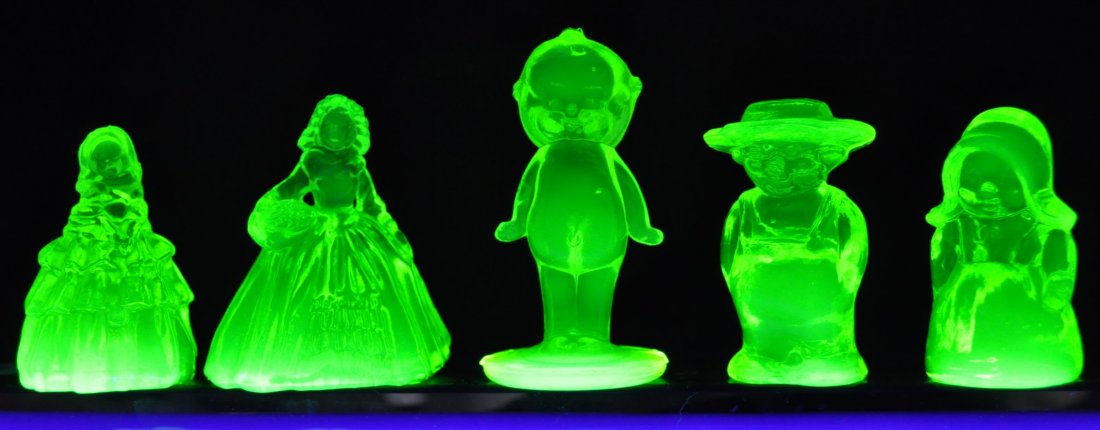 1980 BOYD VASELINE FANCY MELISSA KEWPIE DOLL AMISH + XV: The AEAA is very pleased to present this next group of valuable Vaseline glass items from the respected Loren (Butch) Morse collection. This lot represents 5 stunning 1980s Boyd Crystal Art Glass piec