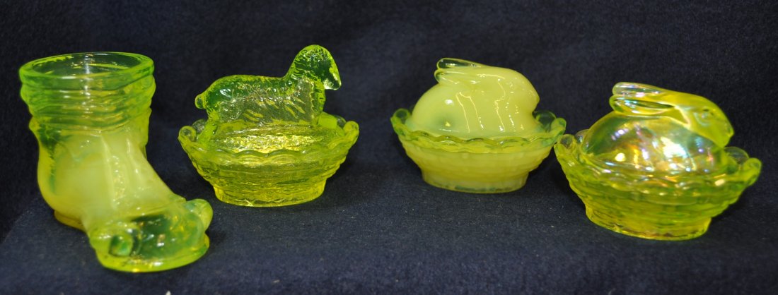 1980 BOYD VASELINE BUNNIES & LAMB ON NEST, HOBO BOOT XV: The AEAA is very pleased to present this next group of valuable Vaseline glass items from the respected Loren (Butch) Morse collection. This lot represents 4 stunning 1980s Boyd Crystal Art Glass piec