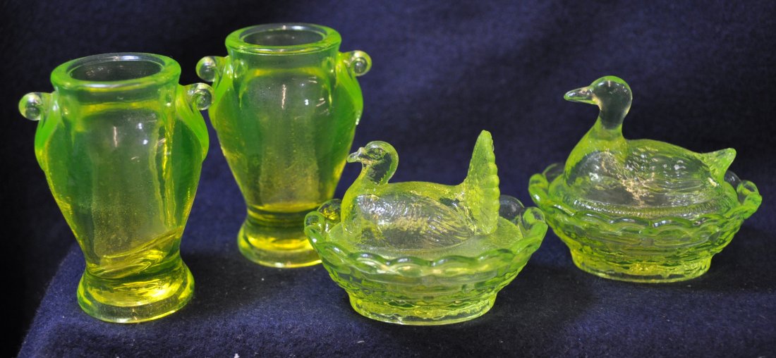 80s BOYD VASELINE URN TOOTHPICKS TURKEY DUCK ON NEST XV: The AEAA is very pleased to present this next group of valuable Vaseline glass items from the respected Loren (Butch) Morse collection. This lot represents 4 stunning 1980s Boyd Crystal Art Glass piec