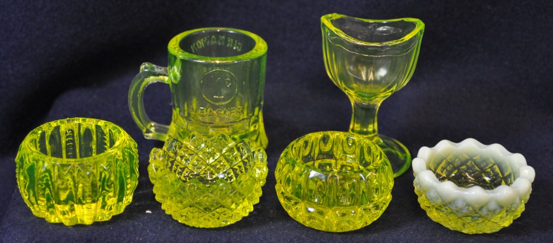 1970 VASELINE CINNAMON DROPS TOOTHPICK SALT CELLARS XV: The AEAA is very pleased to present this next group of valuable Vaseline glass items from the respected Loren (Butch) Morse collection. This lot represents 6 stunning 1970s Vaseline & Opalescent piece