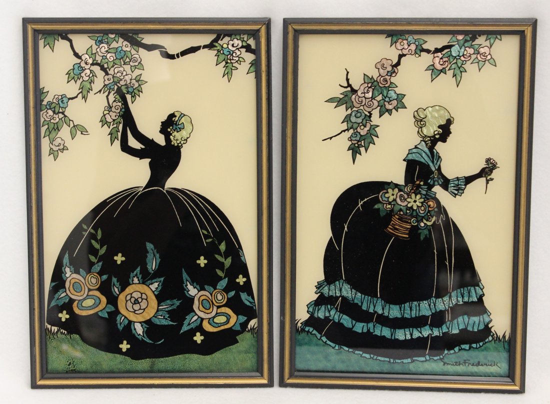 PAIR 40'S BUTTERFLY TECHNIQUE SILHOUETTE PICTURES XW: Pair of Vintage , Circa 1940's, Silhouette Reliance Framed Pictures , Titled Colonial Women in Paris. The Reliance Co. was famous for this type of picture. Along with a number of other companies, it s