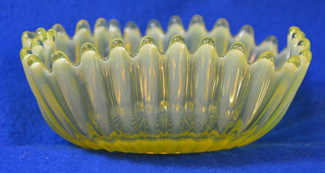 FOSTORIA GLASS VASELINE OPAL HEIRLOOM RIB BOWL #2727 XV: We are proud to offer this Fostoria Glass 1960-62 Yellow Vaseline Opal Ribbed Bowl. This is Fostoria Heirloom Line, pattern #2727 with a 6 inch square bowl. This is one in a large collection of over t