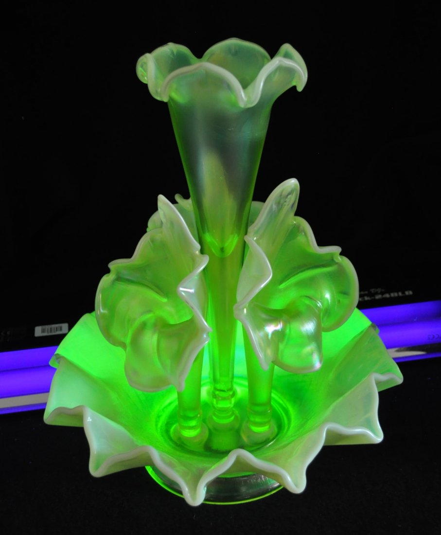 1997 FENTON TOPAZ OPALESCENT 7601 IRIDESCENT EPERGNE XV: The AEAA is extremely proud to present this next Vaseline glass item, from the large & diverse 30+ year collection of Mr. Loren “Butch” Morse of Yukon, Oklahoma. This gorgeous heirloom represents 