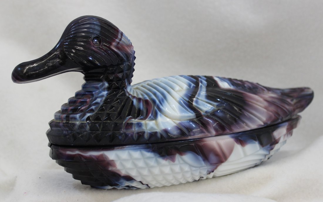 VINTAGE SLAG GLASS DUCK CASSEROLE RIBBED OPTIC XW (1 of 10)