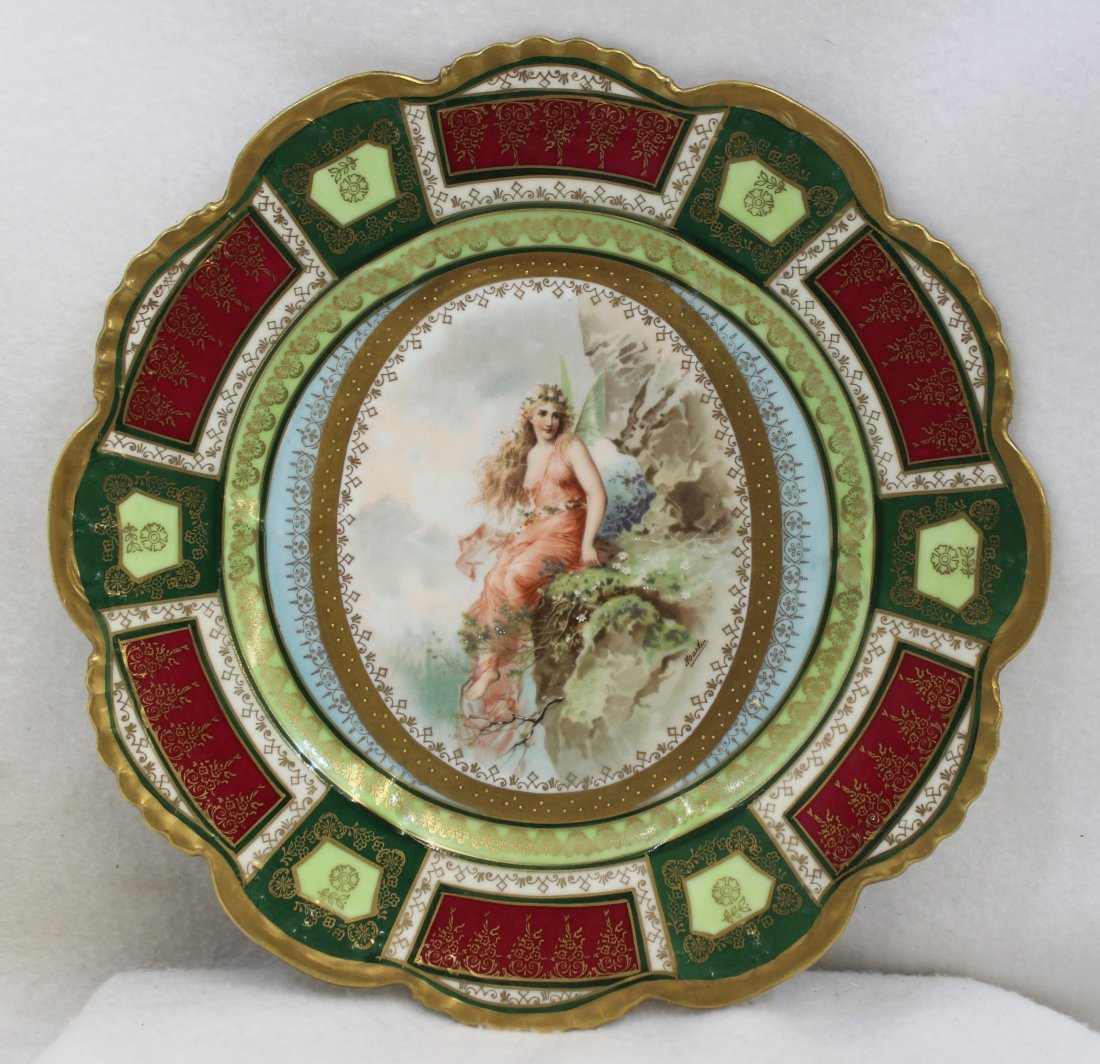 ANTIQUE ROYAL AUSTRIA PORTRAIT NYMPH PLATE HP 10 in XX: Exceptional Royal Austria Hand Painted Robin Eggs Blue , Maroon and Deep Forest Green. semi-nude nymph on scenic mountain with precise beading and rim highlights, circa late 1800's, Marked OEG for Osc