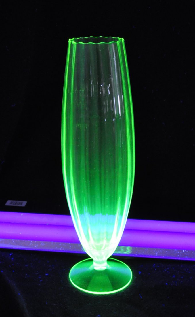 1930 GIANT GREEN URANIUM 13 INCH RIB OPTIC ROSE VASE XV: The AEAA is very pleased to present this next piece of valuable Green Uranium (Vaseline) glass from the respected Loren (Butch) Morse collection. This lot represents a scarce & gorgeous 1930s giant Gr