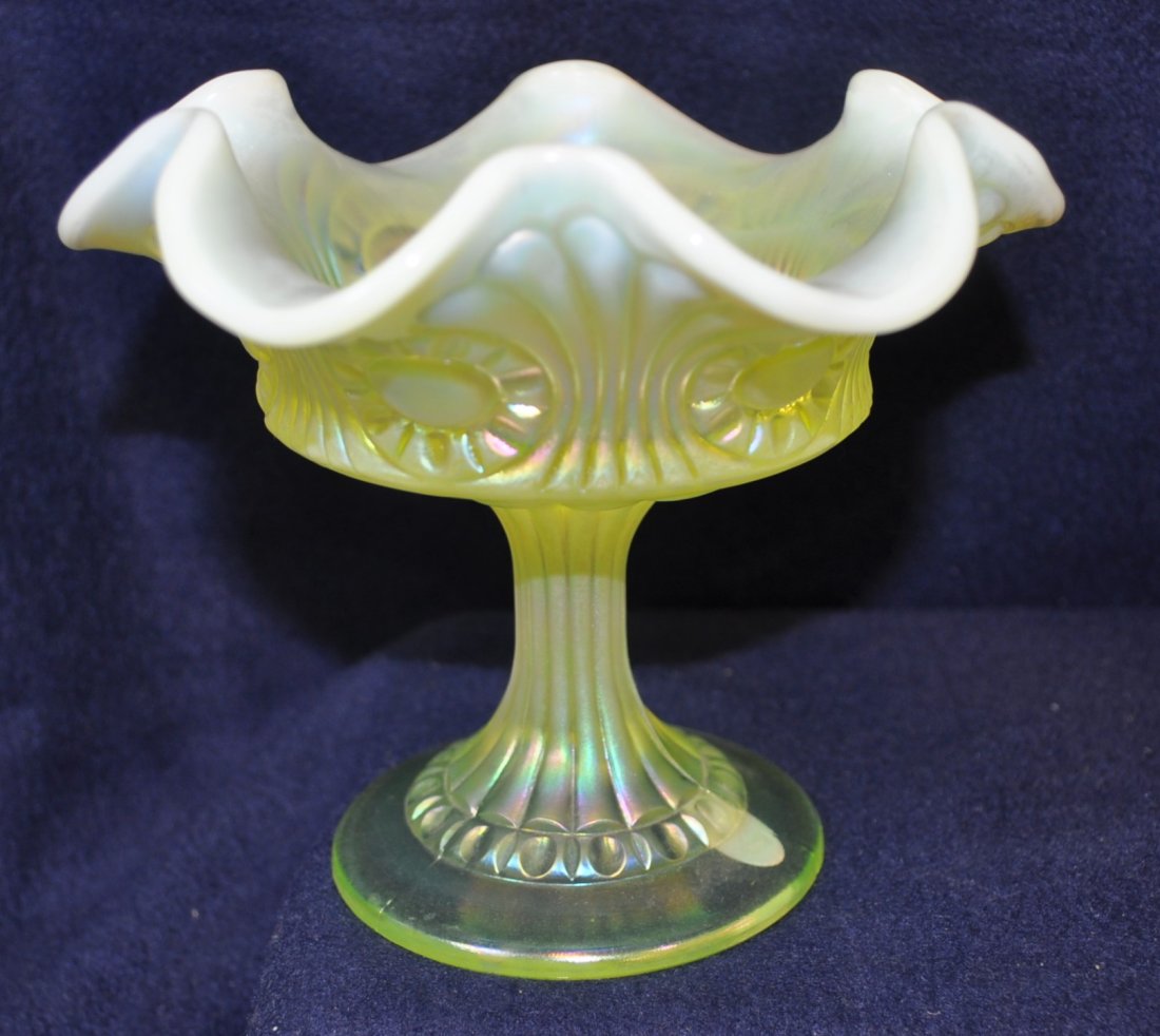 1997 RARE FENTON TOPAZ IRIDIZED PLUME FLOWER COMPOTE XW (1 of 9)