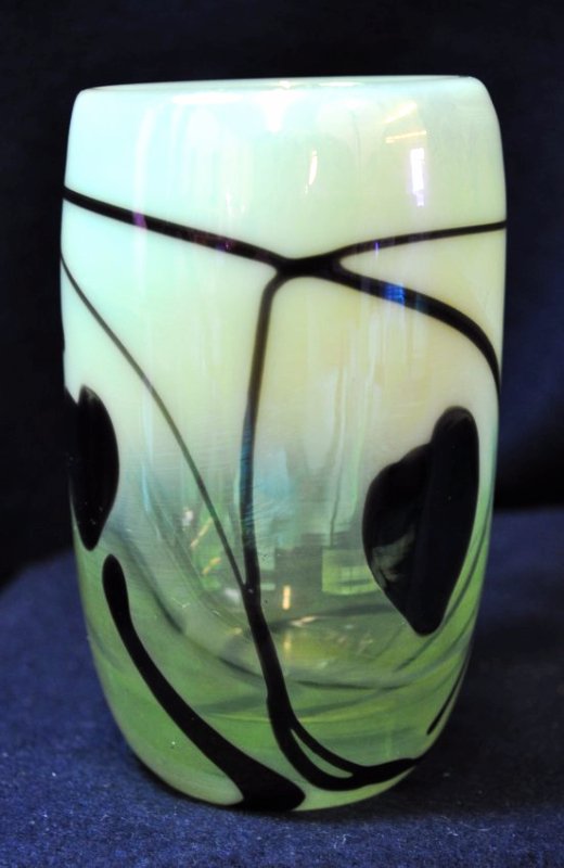 GIBSON VASELINE OPALESCENT HANGING HEART TUMBLER XW: The AEAA is very pleased to present this next piece of valuable Vaseline Opalescent glass from the respected Loren (Butch) Morse collection. This lot represents a scarce & lovely Gibson Glass hand blo