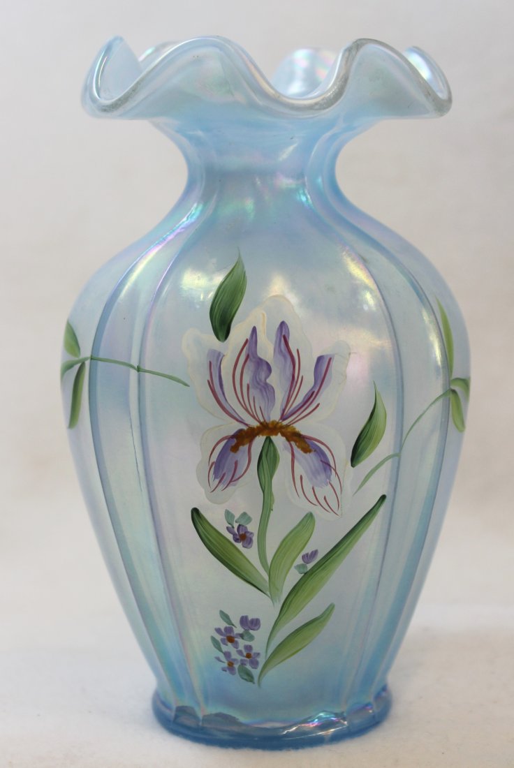 FENTON HAND PAINTED BLUE IRIDESCENT RIBBED VASE XX Aug 02, 2015 Accurate Auctions in AL