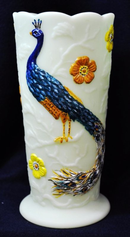 RARE FENTON 1973, 2006 HP CUSTARD SATIN PEACOCK VASE XW (1 of 10)