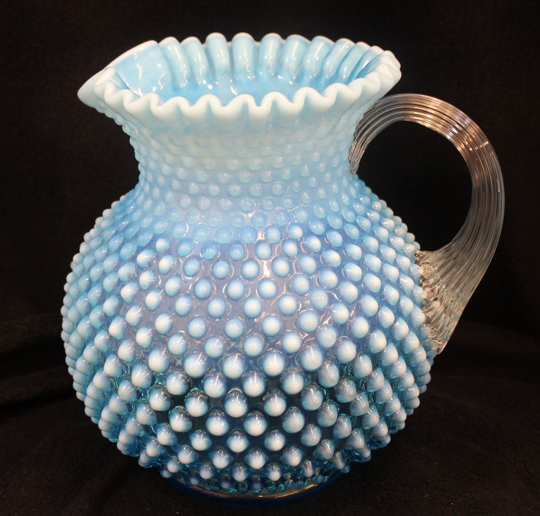 1950s FENTON WRIGHT BLUE OPALESCENT HOBNAIL 3967 JUG XW (1 of 9)