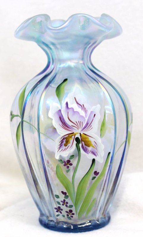 1997 FENTON LITE BLUE HP IRIDESCENT PANEL OPTIC VASE XW (1 of 7)
