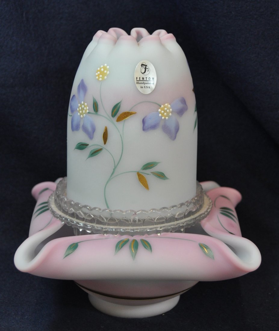 FENTON BURMESE PERIWINKLE FAIRY LAMP 4 PIECES: The following treasure is from the living estate of Ailene & Buddy Ford; noted dealers and lifelong collectors of exceptional antique & vintage heirlooms. Fenton Martha Reynolds design blush Burmese L