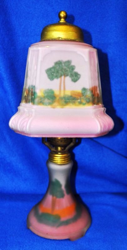 1920s PINK SATIN REVERSE PAINTED GLASS BOUDOIR LAMP (1 of 8)
