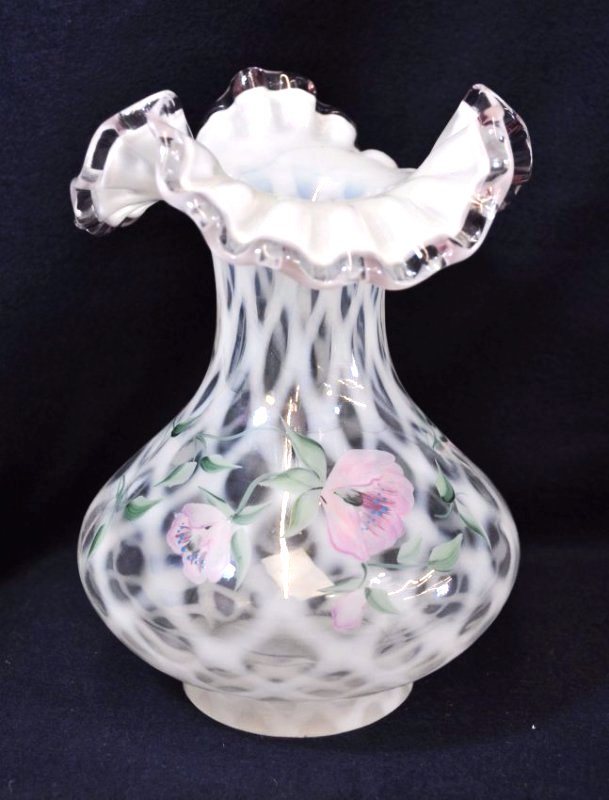 1990s FENTON FRENCH OPALESCENT HP EMPRESS ROSE RIM VASE (1 of 10)