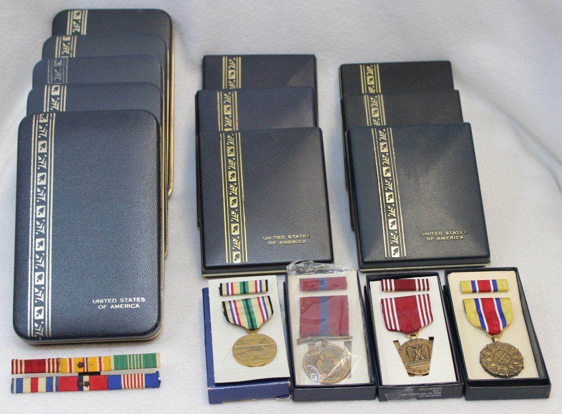 HUGE LOT 15 MILITARY METALS PRESENTATION BOXES: Offered for your bidding consideration this huge collection of Military Metals in original presentation boxes, circa Korean and Viet Nam Included: Army Reserve Achievement Medal, Army Southwest Asia S