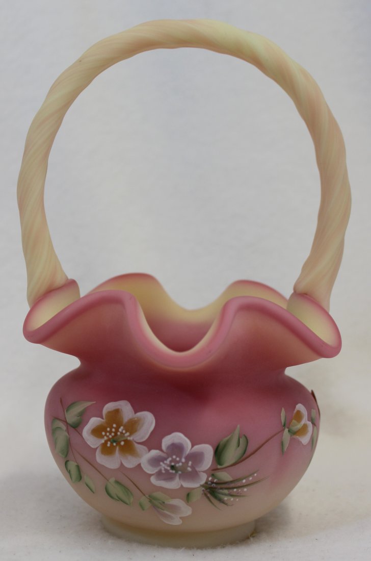 FENTON BURMESE FLORAL SIX CORNER BASKET LTD ED: The following treasure is from the living estate of Ailene & Buddy Ford; noted dealers and lifelong collectors of exceptional antique & vintage heirlooms. This lot represents a beautiful 1990's Fenton