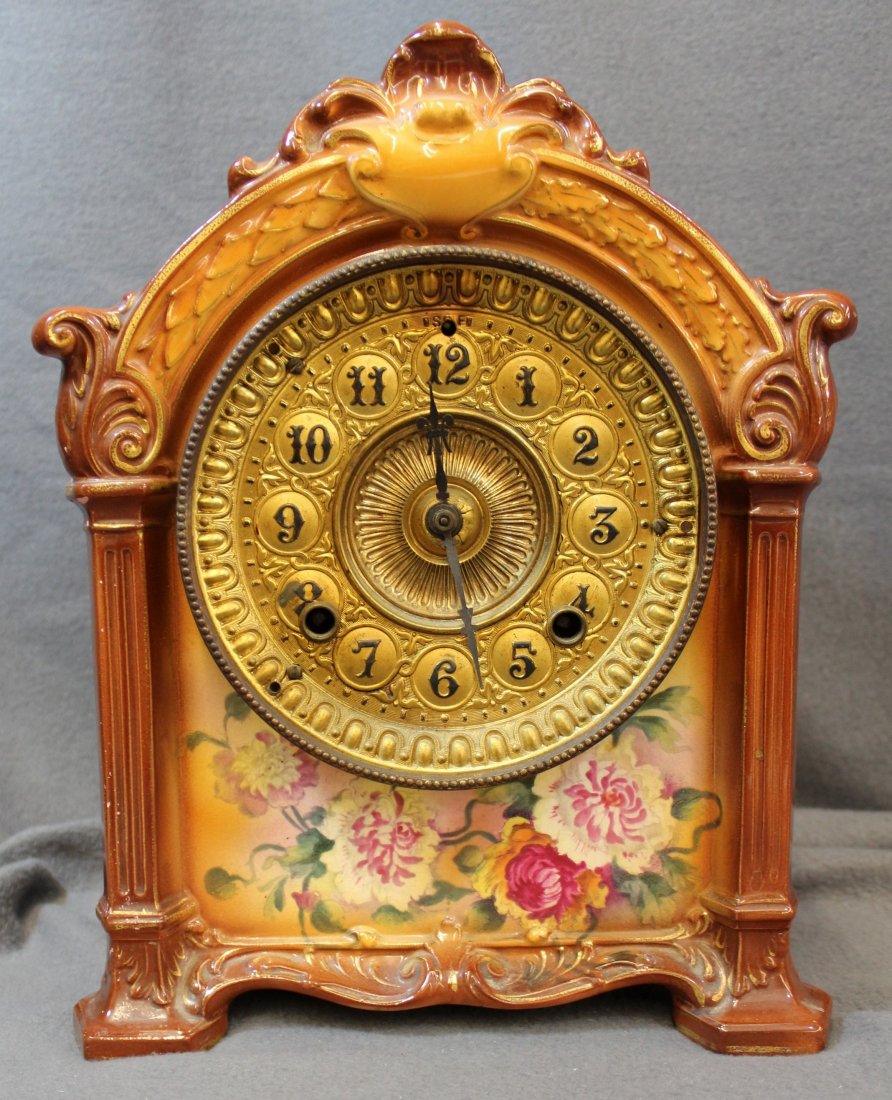 ROYAL BONN ANSONIA MANTLE CLOCK CARAMEL BROWN 1910 (1 of 10)