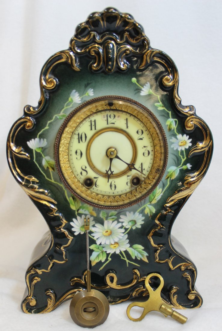 WATERBURY 1891 CASED MANTLE CLOCK GREEN DAISIES (1 of 10)