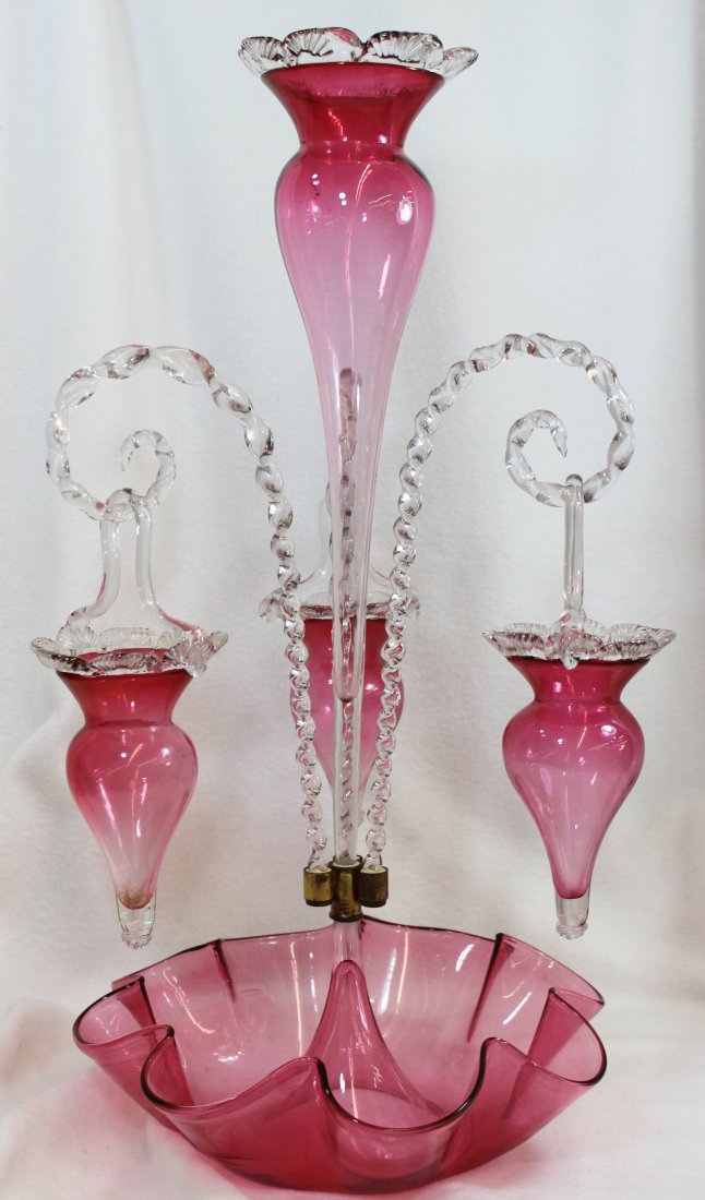 1880s STUART & SONS HB STOURBRIDGE CRANBERRY EPERGNE (1 of 9)