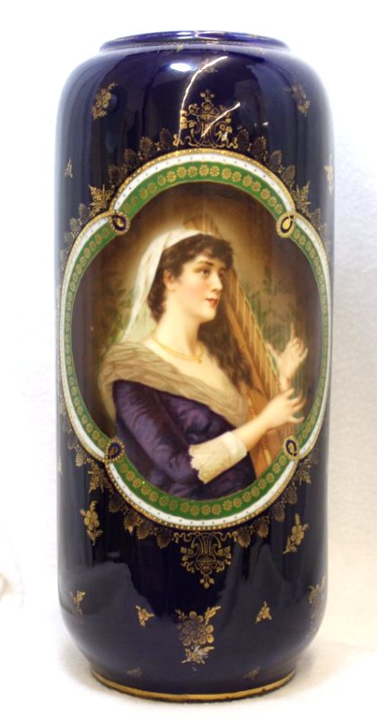 1930s AUSTRIAN PORCELAIN COBALT PORTRAIT CYLINDER VASE (1 of 8)