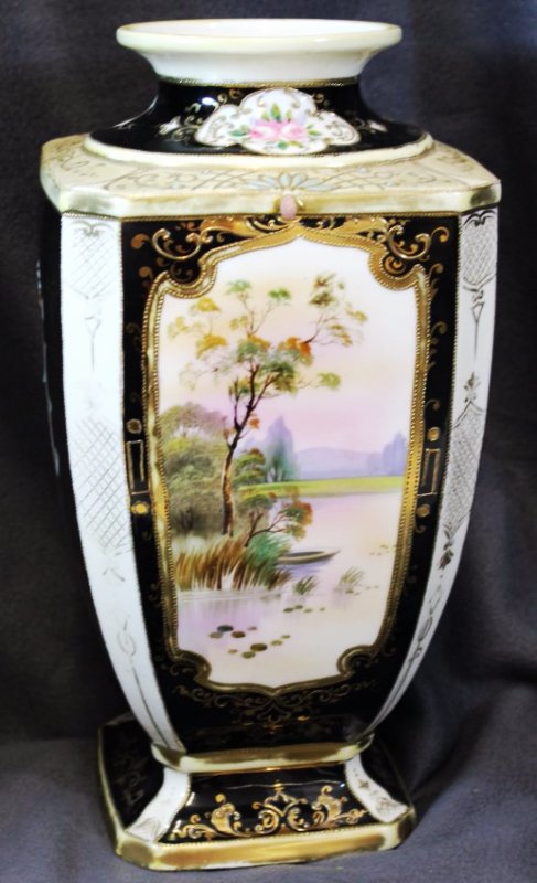 RARE PRE 1921 HP MAPLE LEAF SCENIC GILDED 4 PANEL VASE: The following treasure is from the living estate of Ailene & Buddy Ford; noted dealers and lifelong collectors of exceptional antique & vintage heirlooms. The Ford estate presents highly valuable item