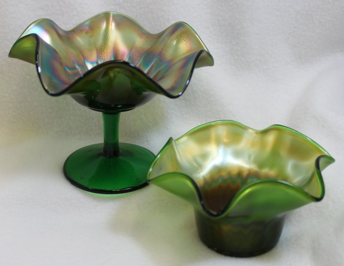 1910s FENTON GREEN STIPPLED RAYS CARNIVAL COMPOTE VASE (1 of 6)