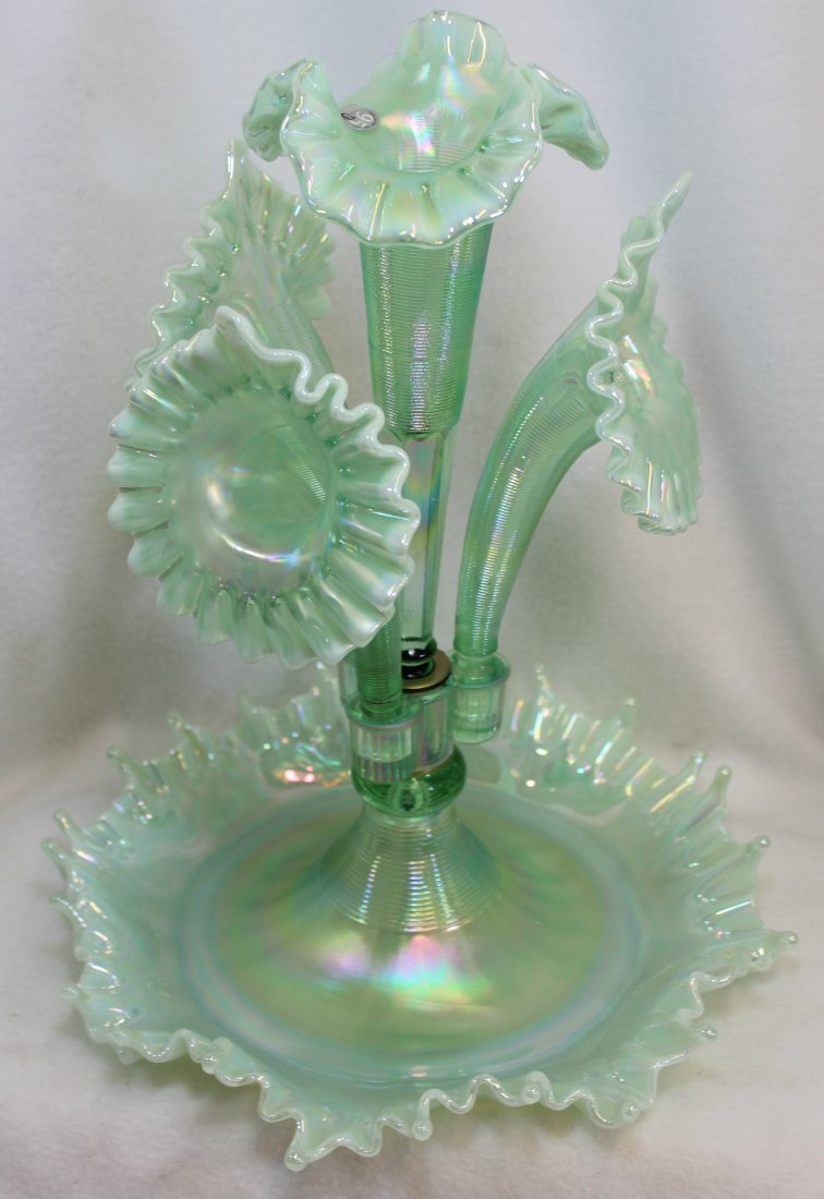 95th ANNIVERSARY FENTON CARNIVAL MIST GRN 5 PC EPERGNE: 1990s Fenton Iridescent (carnival) Mist Green epergne. Continnial collection - Original tag $350.00 *** Weight: 6# 12 oz - Measurements: 12 x 15.5 tall. The following treasure is from the living estat