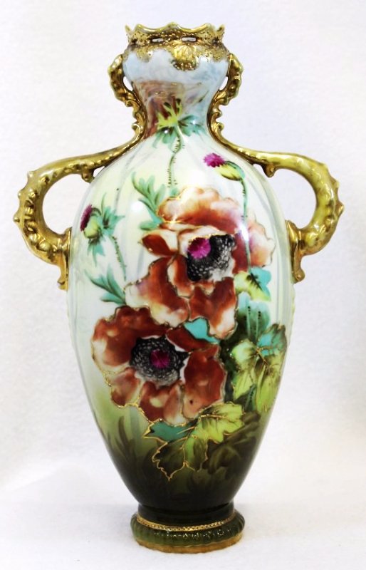 PRE 1921 HP GREEN MAPLE LEAF NIPPON DRAGON HANDLED VASE (1 of 10)