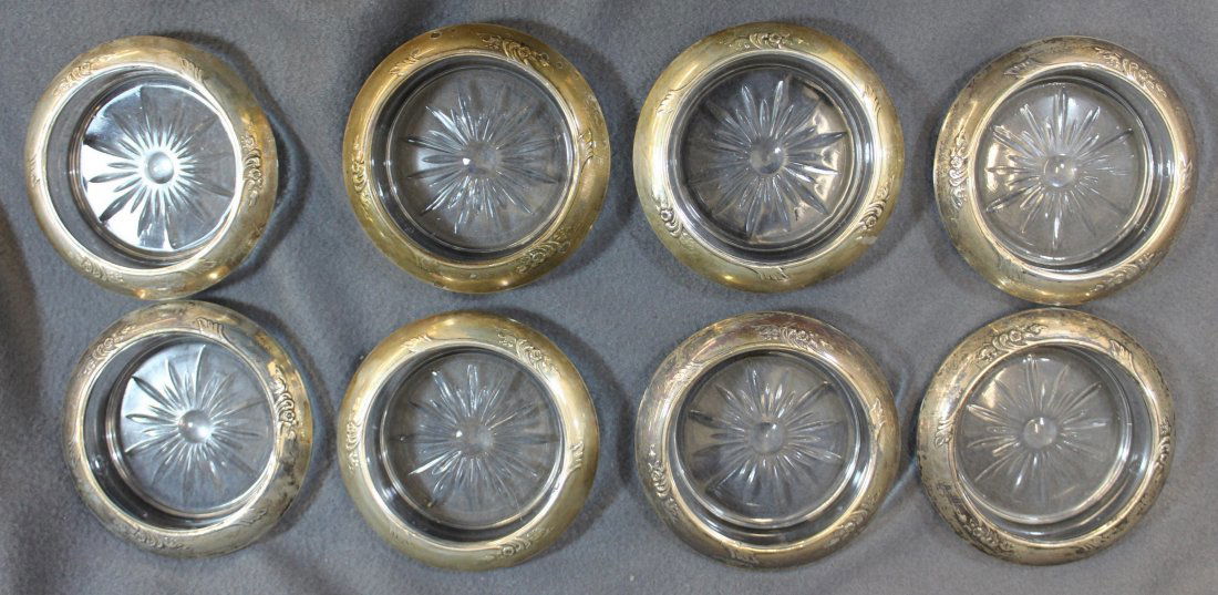 ANTIQUE WHITING STERLING SILVER 8 CRYSTAL COASTERS (1 of 6)