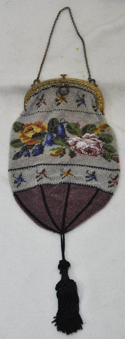 VERY RARE ANTIQUE MICRO BEAD PURSE W/ ROSES LINED (1 of 10)