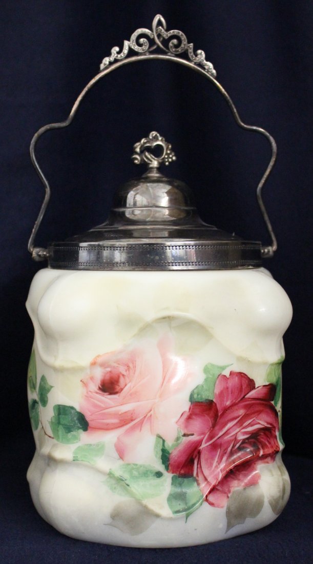 1890-1892 SCARCE HP WAVE CREST PUFFY ROSES BISCUIT JAR (1 of 9)