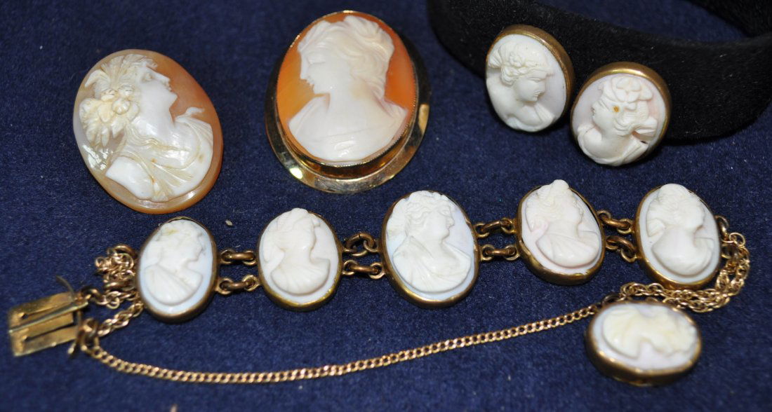 1930s 14KT GOLD FILLED CAMEO BRACELET BROOCHES EARRINGS (1 of 7)