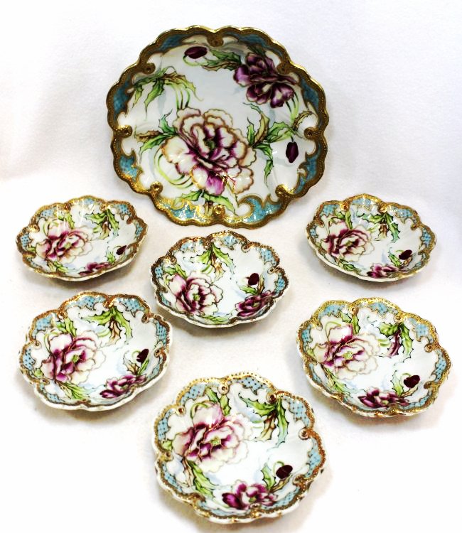 1905-12 NIPPON HP CHERRY BLOSSOM LOTUS MASTER BERRY SET: The following treasure is from the living estate of Ailene & Buddy Ford; noted dealers and lifelong collectors of valuable antique & vintage heirlooms. The AEAA is proud to present this handsome, comp