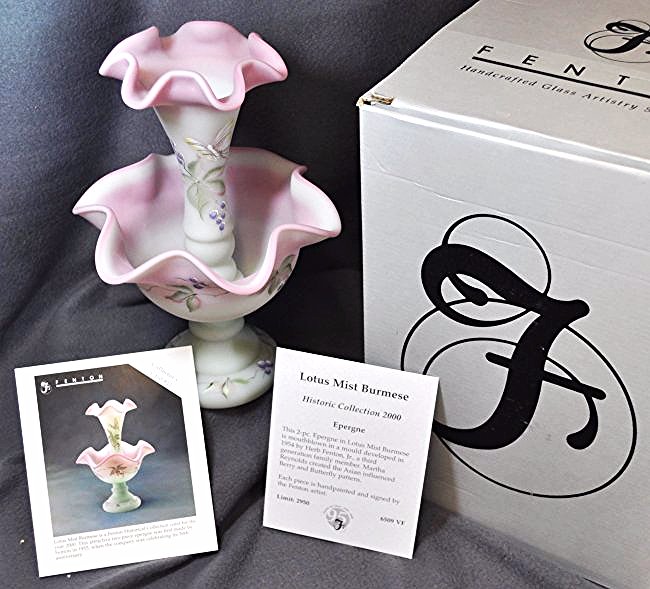 2000 FENTON 95TH ANNIVERSARY LTD ED LOTUS MIST EPERGNE: The following treasure is from the living estate of Ailene & Buddy Ford; noted dealers and lifelong collectors of valuable antique & vintage heirlooms. The AEAA is exceptionally pleased to present thi