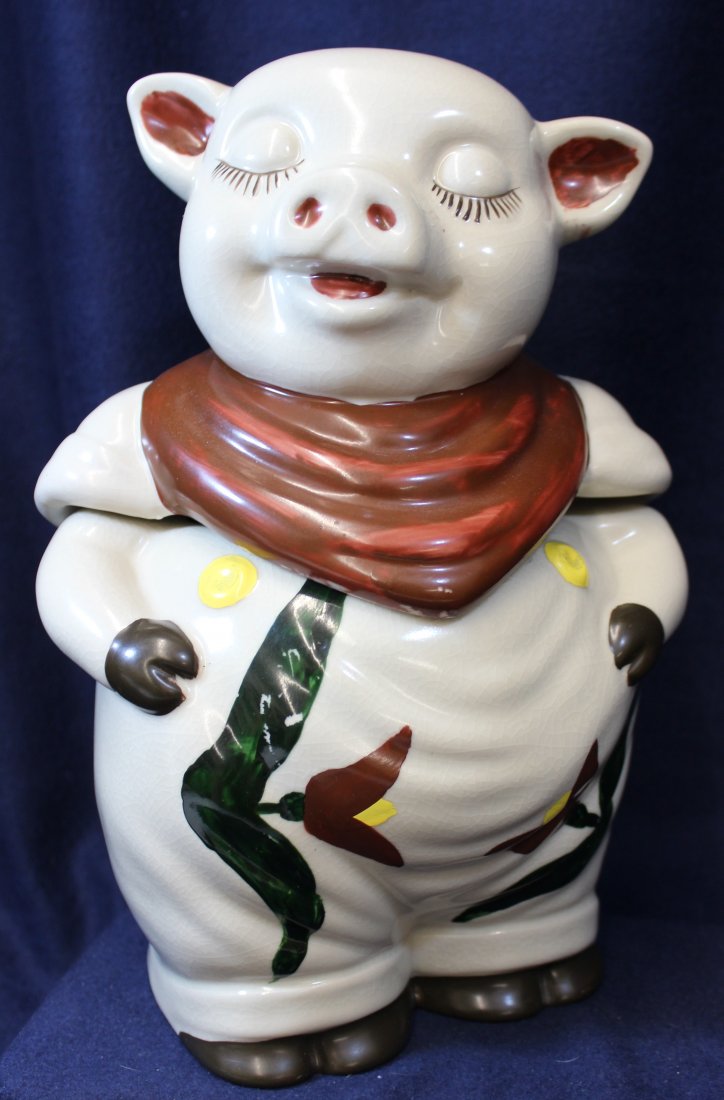 RECREATION FAKE MARK FARMER PIG CLOSED EYE COOKIE JAR: The following treasure is from the living estate of Ailene & Buddy Ford; noted dealers and lifelong collectors of exceptional antique & vintage heirlooms. Presented for your consideration this Recreat