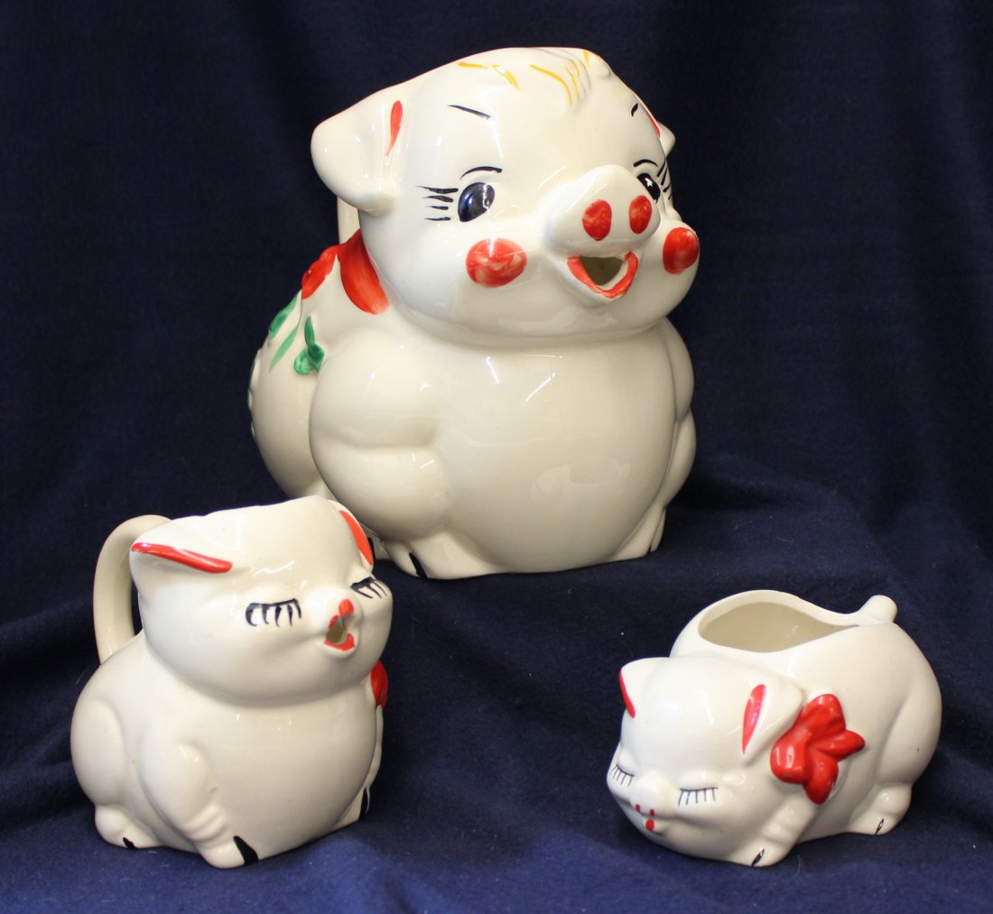 LOT VINTAGE SHAWNEE BISQUE PIG PITCHER CREAMER SUGAR: The following treasure is from the living estate of Ailene & Buddy Ford; noted dealers and lifelong collectors of exceptional antique & vintage heirlooms. Presented for your consideration a set of Sha