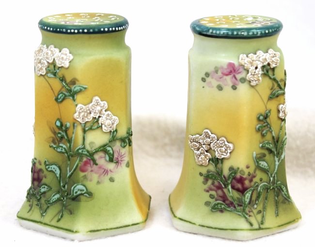 1880s RARE NIPPON MORIAGE, HEAVY ENAMEL HATPINS SHAKERS: The AEAA is very pleased to present this Rare matched pair of either, small hatpin holders or shakers. The only problem with their being shakers, is that we have never seen a 19 hole salt, and certain
