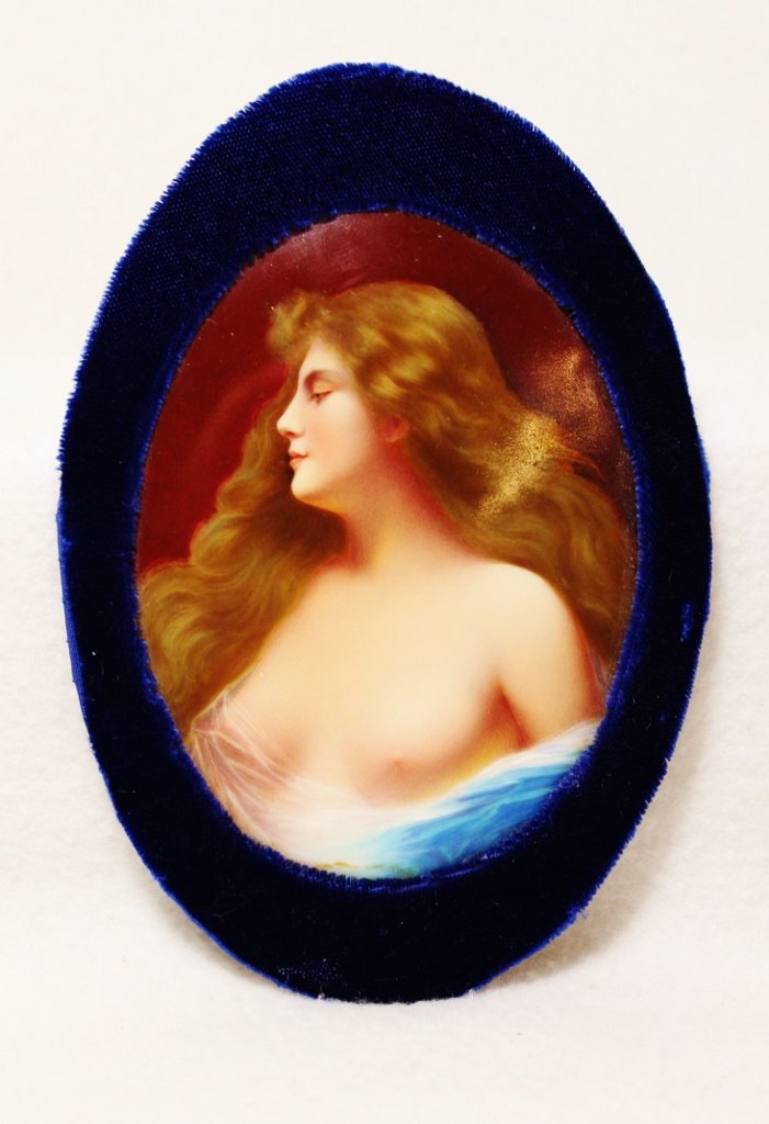 1910s FRENCH HP BY ANGELO ASTI PORCELAIN NUDE BLOOMING: WE SHIP! The AEAA is proud to present this gorgeous hand painted transfer on oval porcelain French nude, entitled Epanouissment (Blooming) after the famed 19th century painter Angelo Asti (1847-1903).