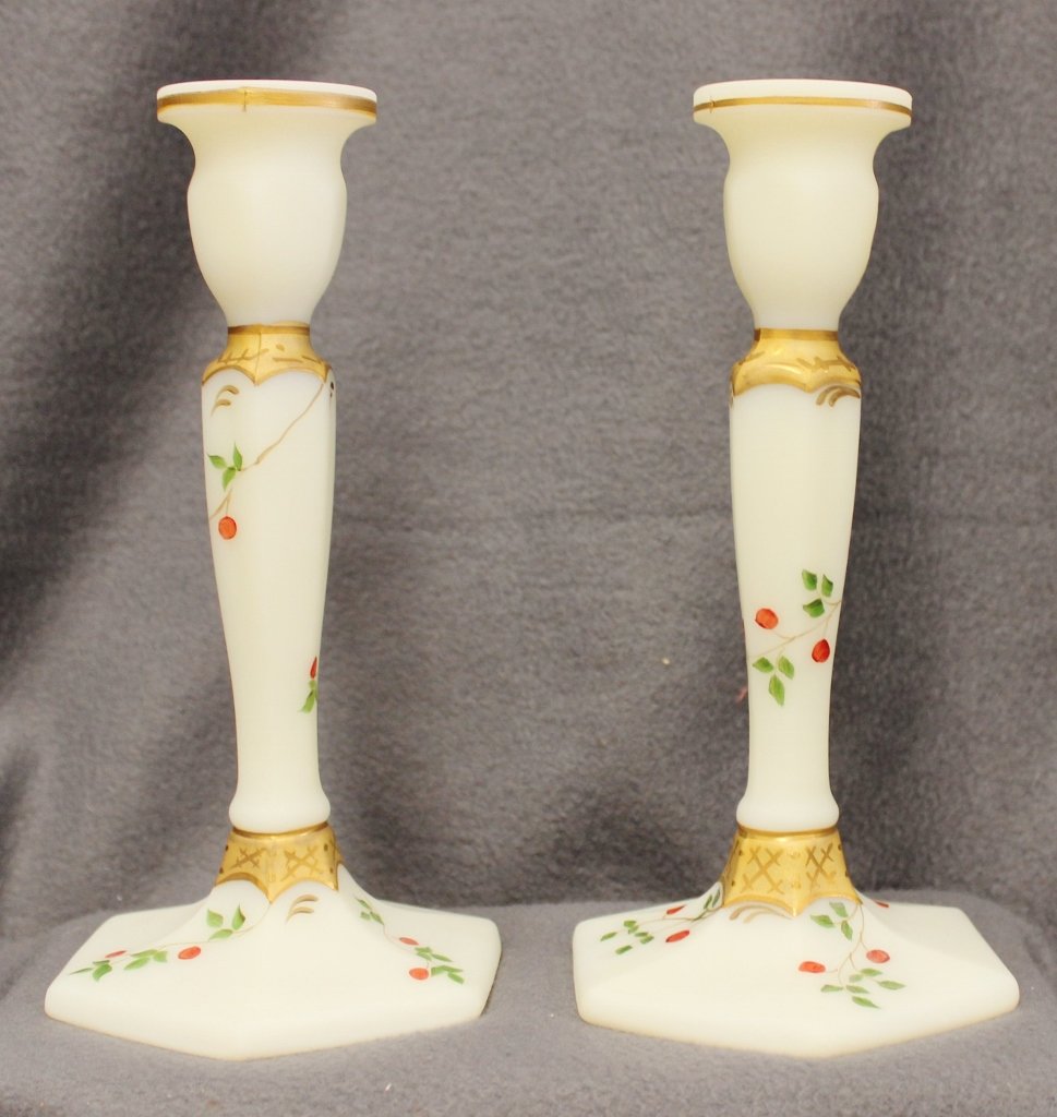 FENTON FESTIVE CANDLESTICK PAIR HP SIGNED IVORY SATIN (1 of 6)