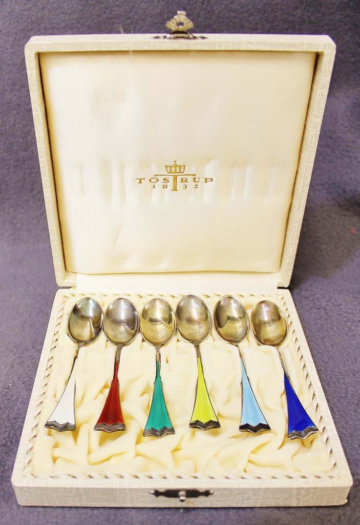 1950s J TOSTRUP NORWEGIAN STERLING SILVER ENAMEL SPOONS (1 of 6)