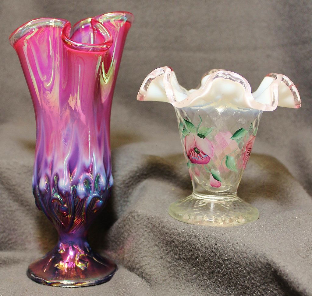 1980s FENTON OPALESCENT PLUM CARNIVAL 8450 CN, HP VASES (1 of 8)