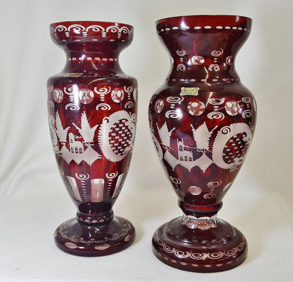 1990s EGERMANN BOHEMIAN RUBY ETCHED TO CRYSTAL VASES (1 of 6)