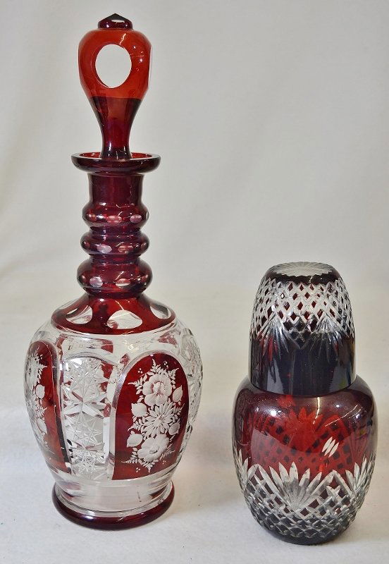 SCARCE 1930 BOHEMIAN RUBY TO CRYSTAL DECANTER TUMBLE UP (1 of 7)
